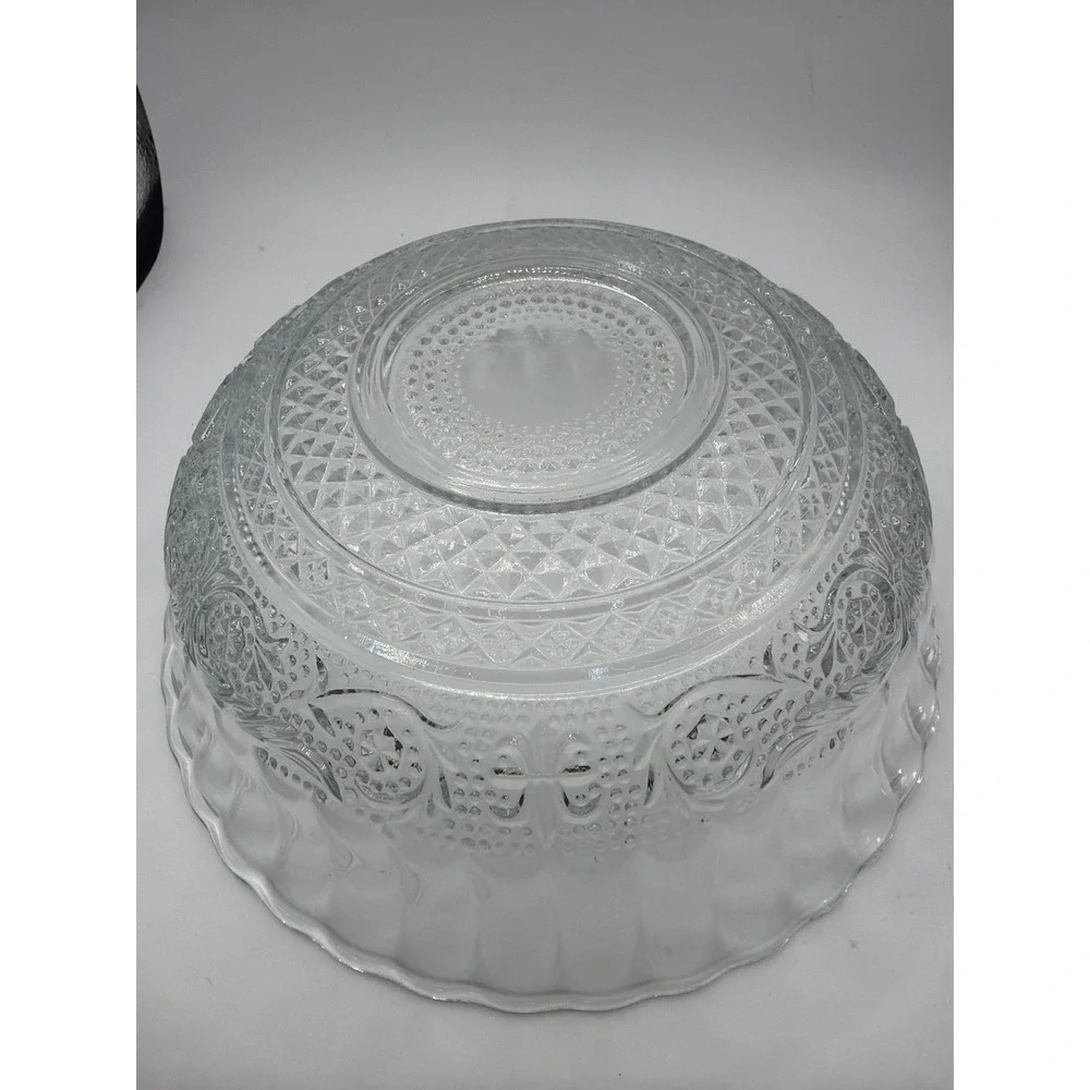 Vintage KIG Etched Clear Glass Serving Bowl Fleur De Lis Pattern
